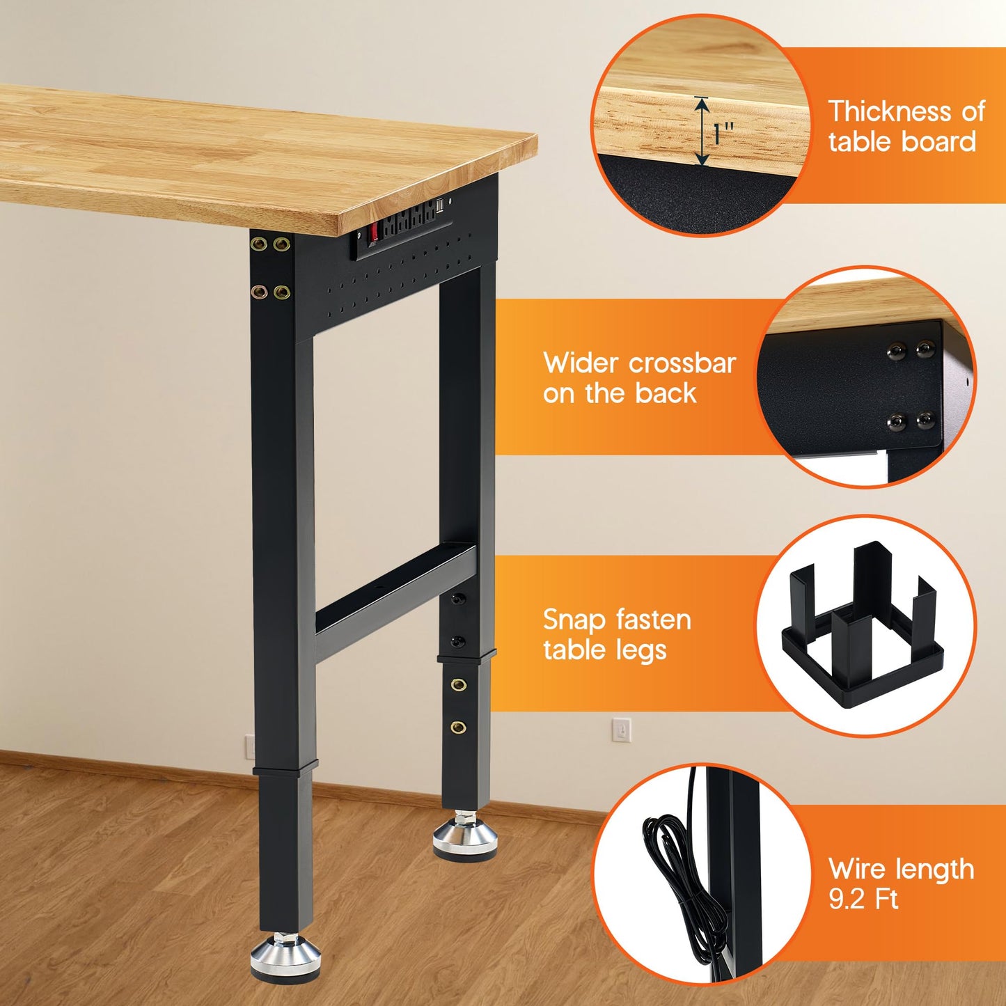 Albott 44x20 in Adjustable Workbench with Power Outlets, 2000 LBs Heavy Duty Wood Workbench with Hooks, Solid Rubber Wood Top for Garage, Workshop, Woodworking, Home Office