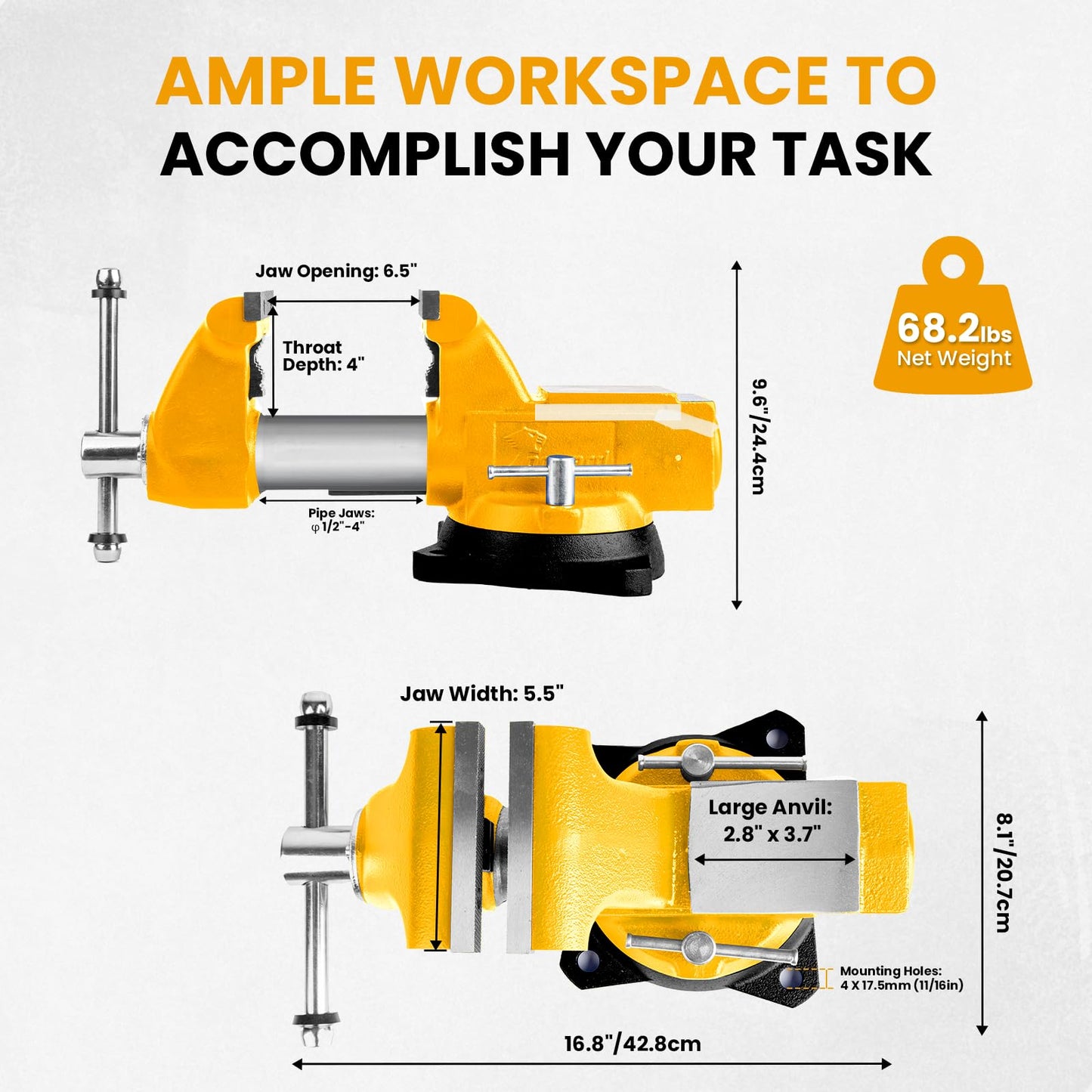 Forward 1765A Heavy Duty Bench Vise 12,000LBS Clamping Force, 6.5 Inch Ductile Iron Industrial Vice with Machined Round Guide Bar and 360° Swivel Base, 6-1/2" Jaw Width, 6-1/2" Max Jaw Opening