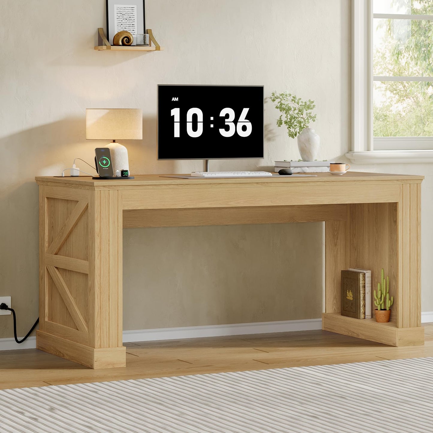 STHYTON 63-Inch Farmhouse Executive Desk, Long Computer Desk with Built-in Charging Station & Bottom Storage, Home Office Writing Study Desk for Bedroom, Living Room, Natural
