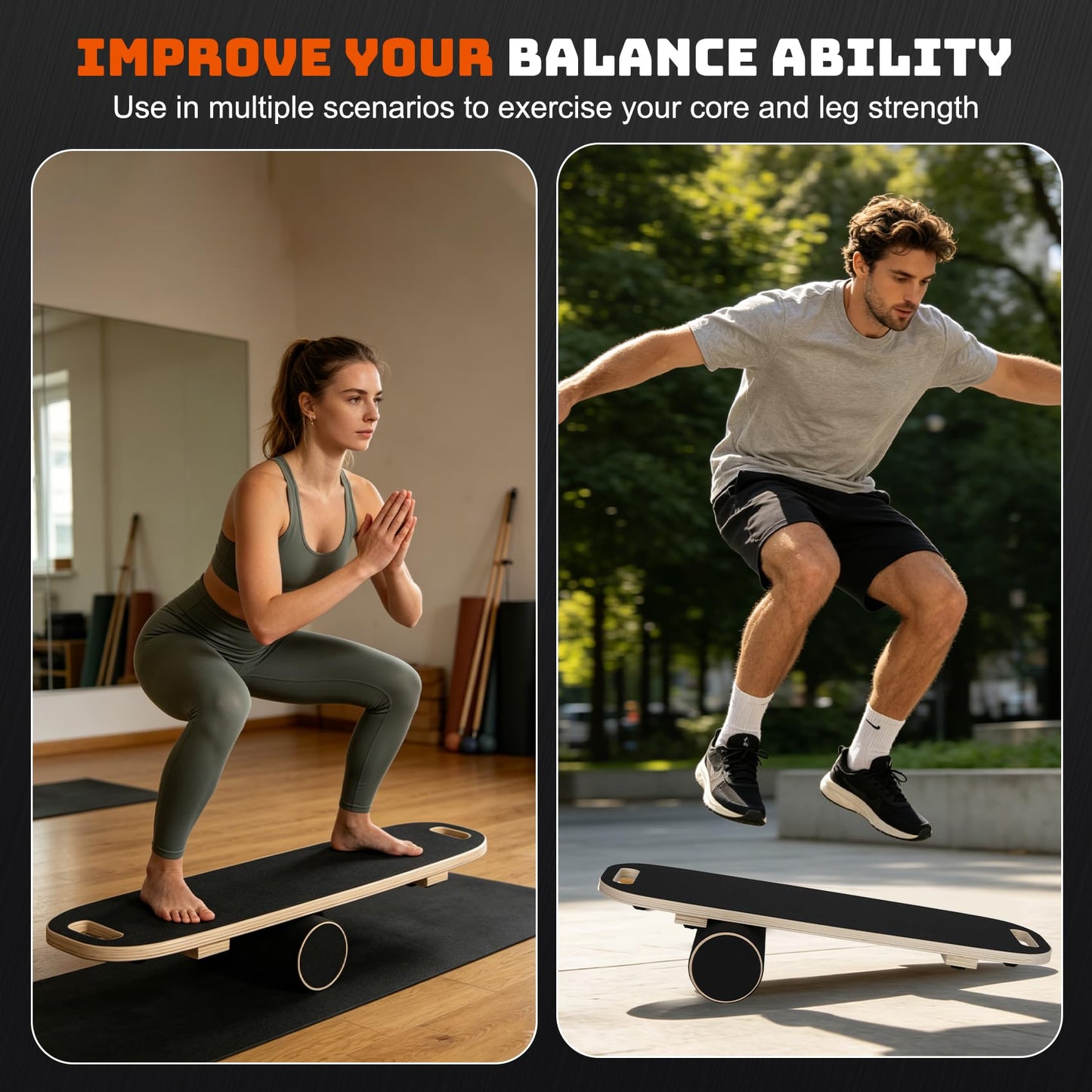 Balance Boards for Adults, Adjustable Surf Balance Board Trainer, Wooden Balance Board with Roller, Training Core&Balance Abilities Balance Board Trainer, Surf Trainer & Physical Therapy