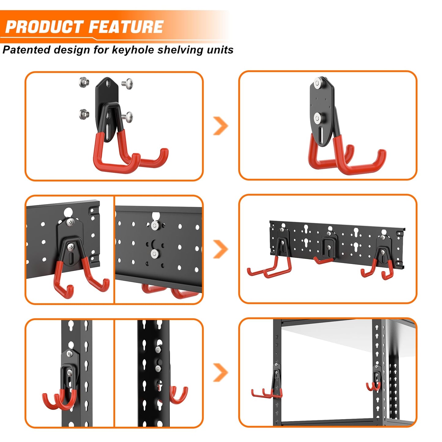 TORACK 24 PCS Garage Storage Hooks with Tracks, Wall Mount Tool Organizer for Garden Tools, Ladders, Cords, Folding Chairs, Shovels and Rakes, Shelving Hooks for Keyhole Style Shelving Units