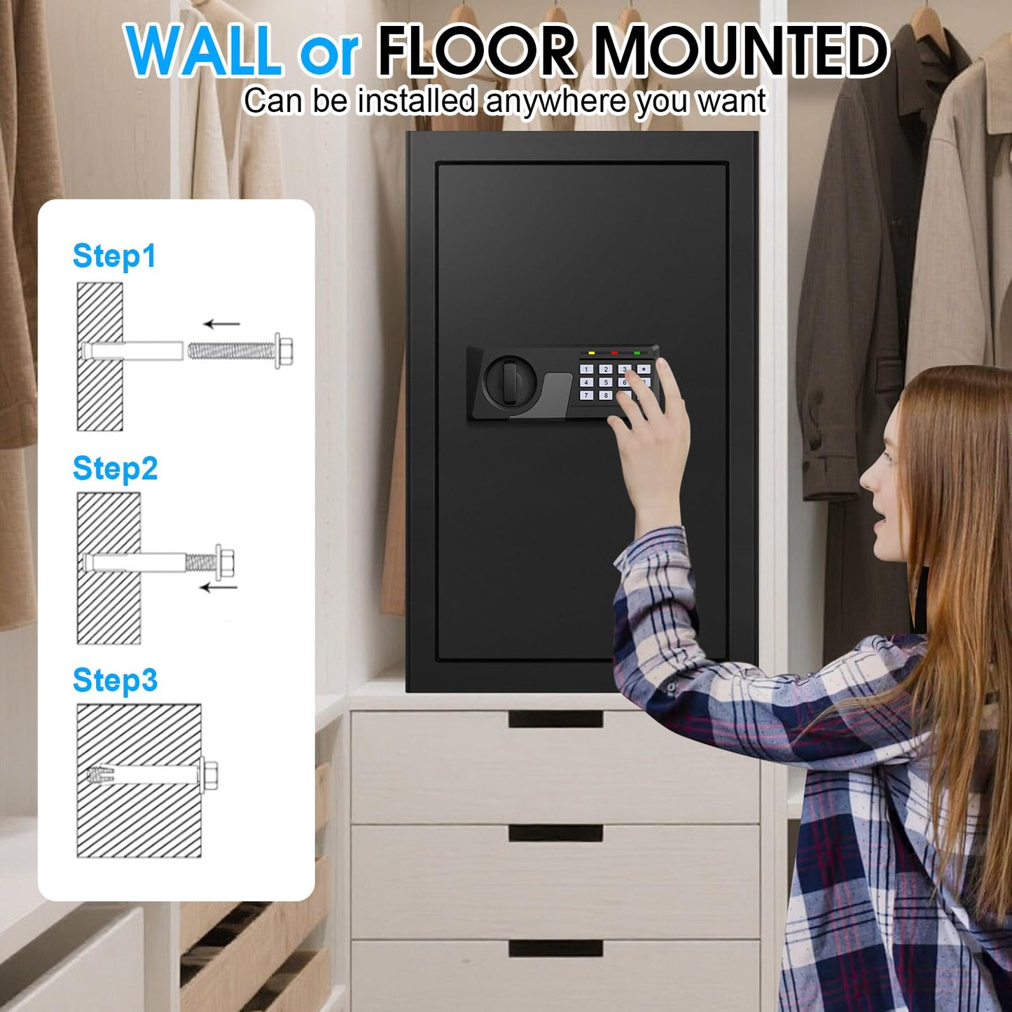 5.2 Cu Ft Large Home Safe Box Fireproof Waterproof, Personal Security Safe with Digital Keypad, Spare Keys, Alarm System and 3 Removable Shelves, Fire Document Safes for Home Money Medicine Valuables