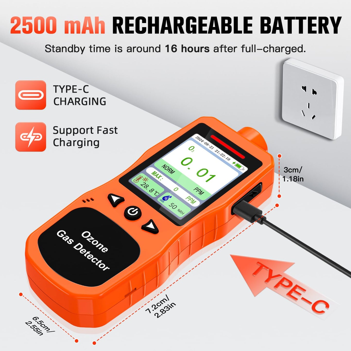 ZYKYCX Portable Ammonia Gas Detector, 0-200 PPM Rechargeable Ammonia Gas Monitor, Digital Air Quality NH3 Gas Meter with Temperature Humidity Tester for Farm, Poultry, Pig & Livestock, Orange