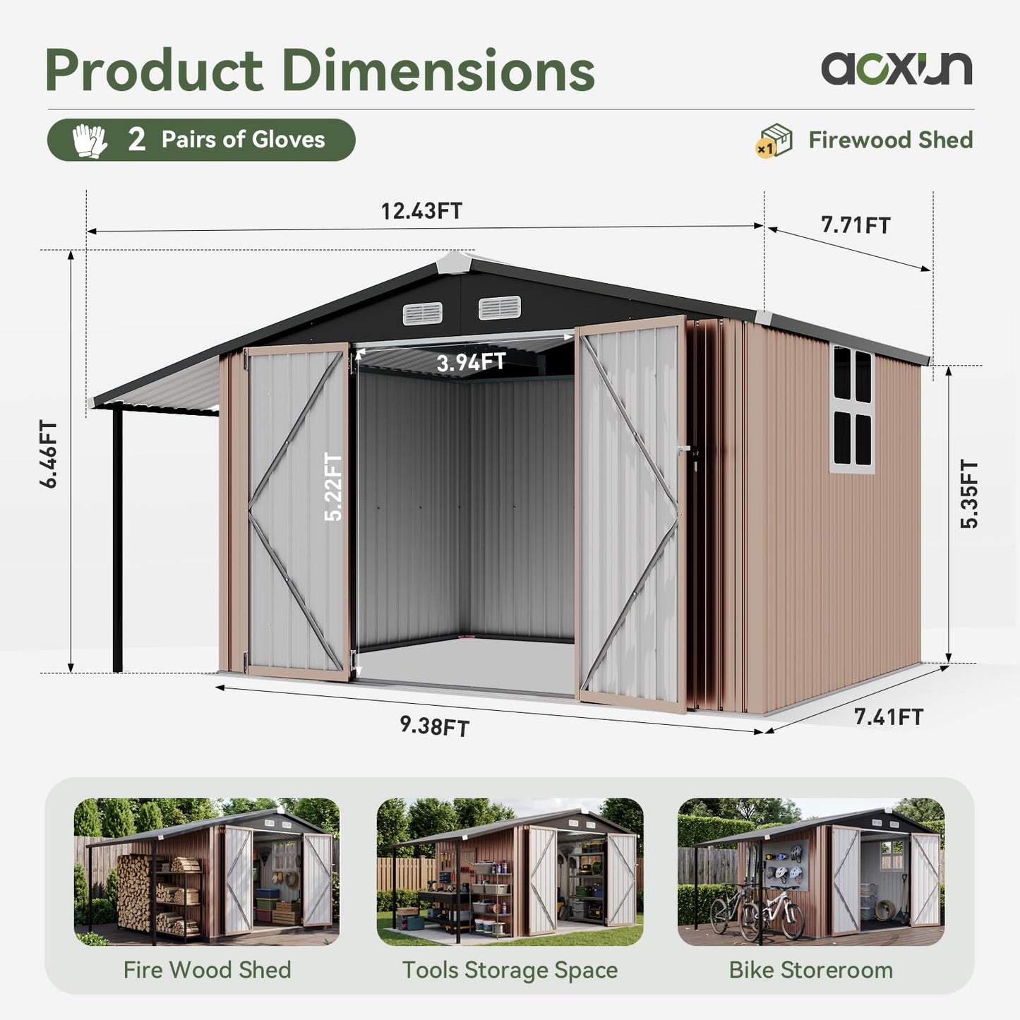 Aoxun 8x12 FT Outdoor Storage Shed Metal Sheds with Open Firewood Storage,Galvanized Steel Garden Shed with Lockable Doors,Sloped Roof,Windows, 2 in 1 Large Tool Shed for Patio, Backyard, Lawn (Brown)