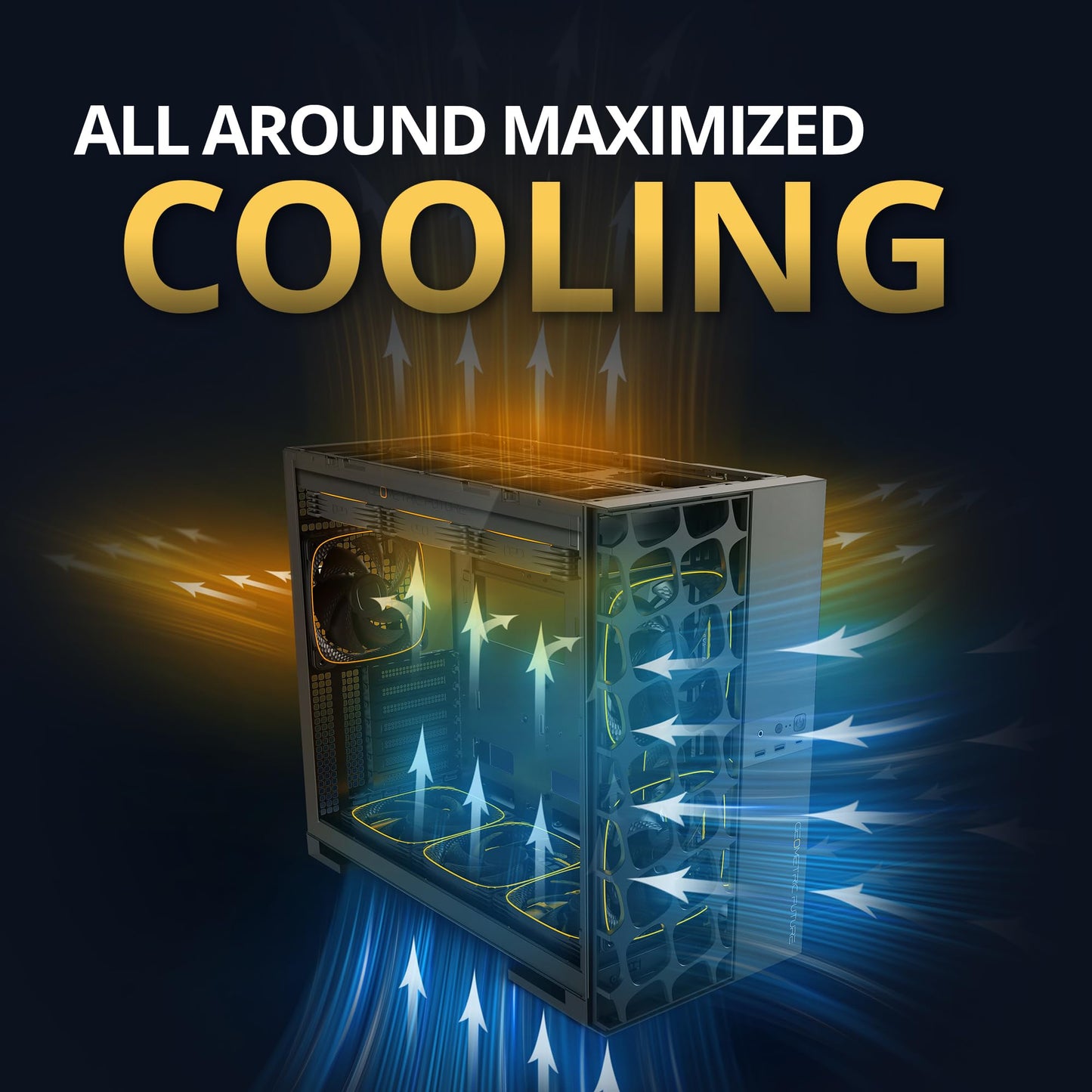 Geometric Future M5 Vent Mesh Panel Tempered Glass Mid Tower, E-ATX/ATX Gaming Case, High Airflow, 1.2mm Steel, Type C, Support 420/360 Radiator, ARGB PWM 140m fan x 5 Pre-Installed, Black, GEO-M5VF-B