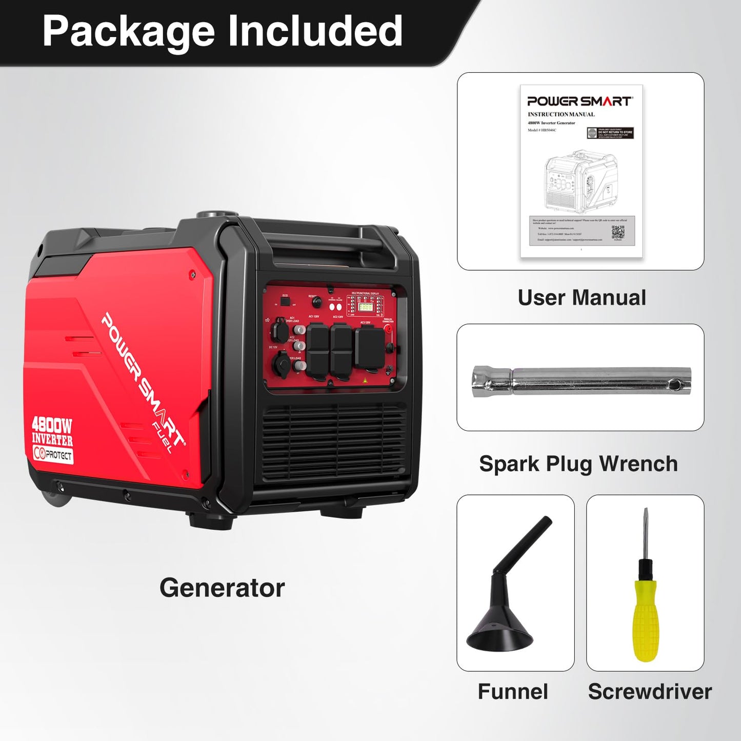 PowerSmart 4800W Portable Inverter Generator, Gas Powered Quiet Inverter Generator with CO Alarm & RV Ready 30A Outlet, 223cc Engine Eco-Mode Generator for Home Backup, Camping and Tailgating