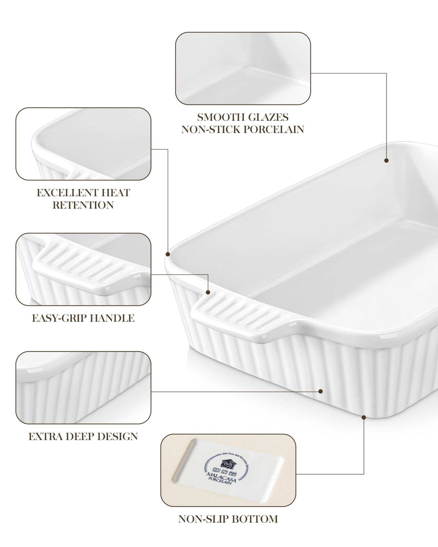 MALACASA 4.4 QT Baking Dish, 9x13 Large Casserole Dish for Oven, Ceramic Baking Pan, Rectangular Lasagna Pan Deep with Handles for Baking, Durable Microwave Oven Safe, Wedding Gift,White, Series BAKE-BAKE