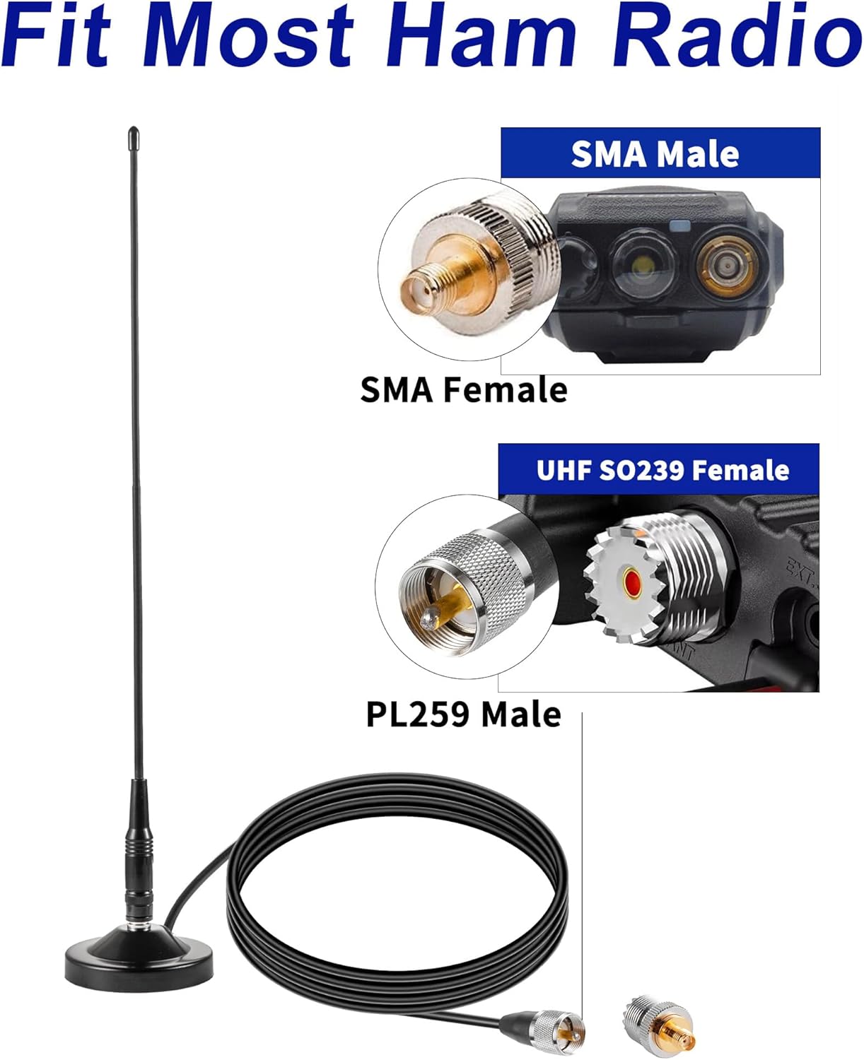 eifagur 136-174MHz 400-470MHz 2meter 70CM Vehicle Car Mobile Ham Radio GMRS Soft Whip Antenna, UHF VHF Magnetic Base