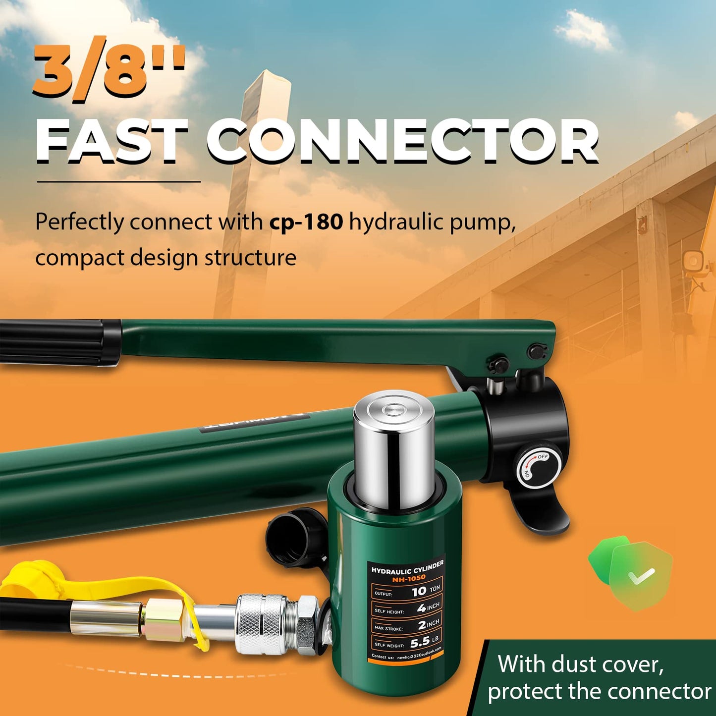 Newhai 10 ton 2” Hydraulic Ram Jack+ cp-180 Hand Pump with Pressure Gauge Hydraulic Porta Power 10 ton kit Low Profile Short Cylinder