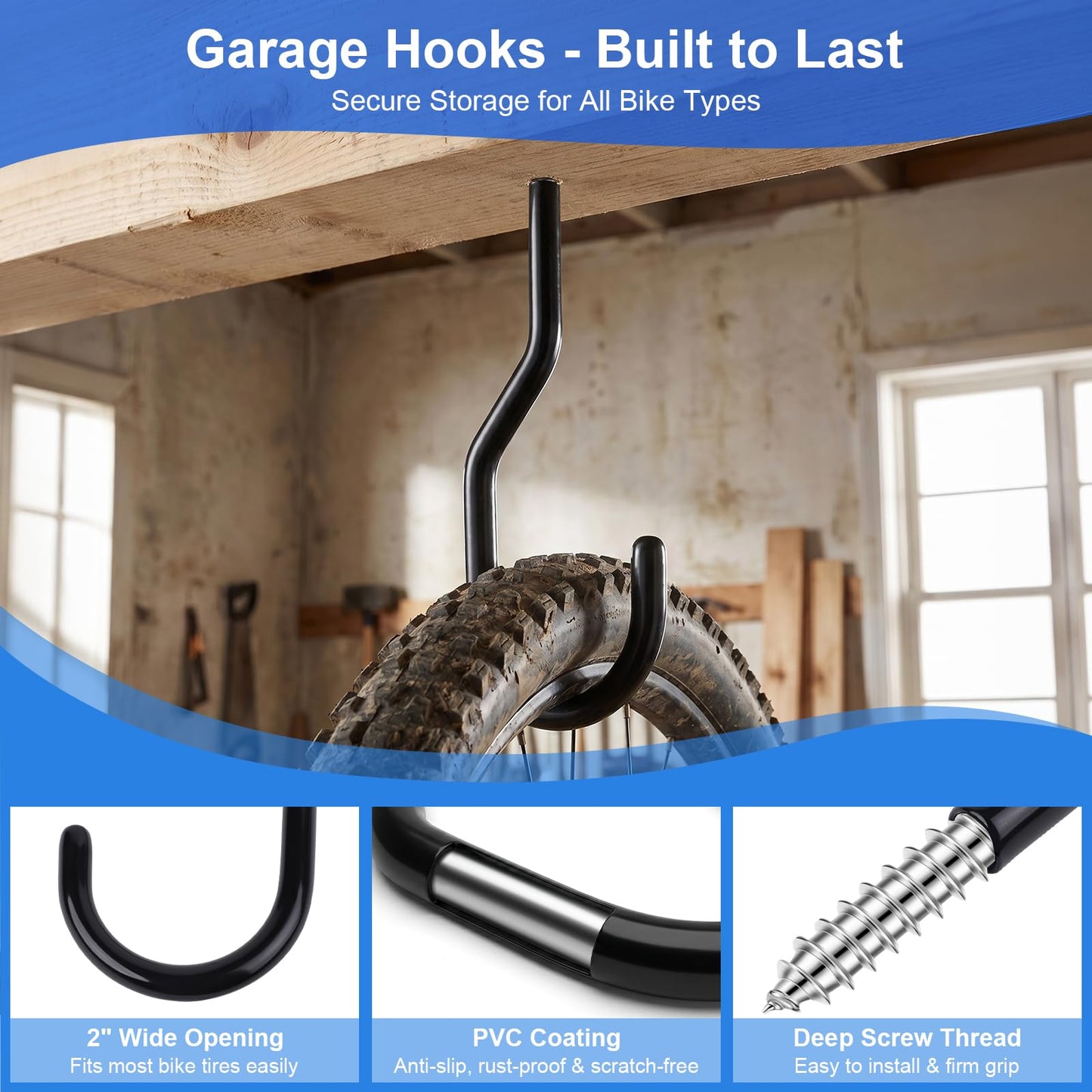 Garage Hooks Heavy Duty, Bike Hooks for Garage Wall Ceiling Mount, 100lbs Capacity Carbon Steel Bicycle Hangers with Anchors, Wide Opening Utility Storage Hooks for Mountain Road Bike Ladder 2 Pack
