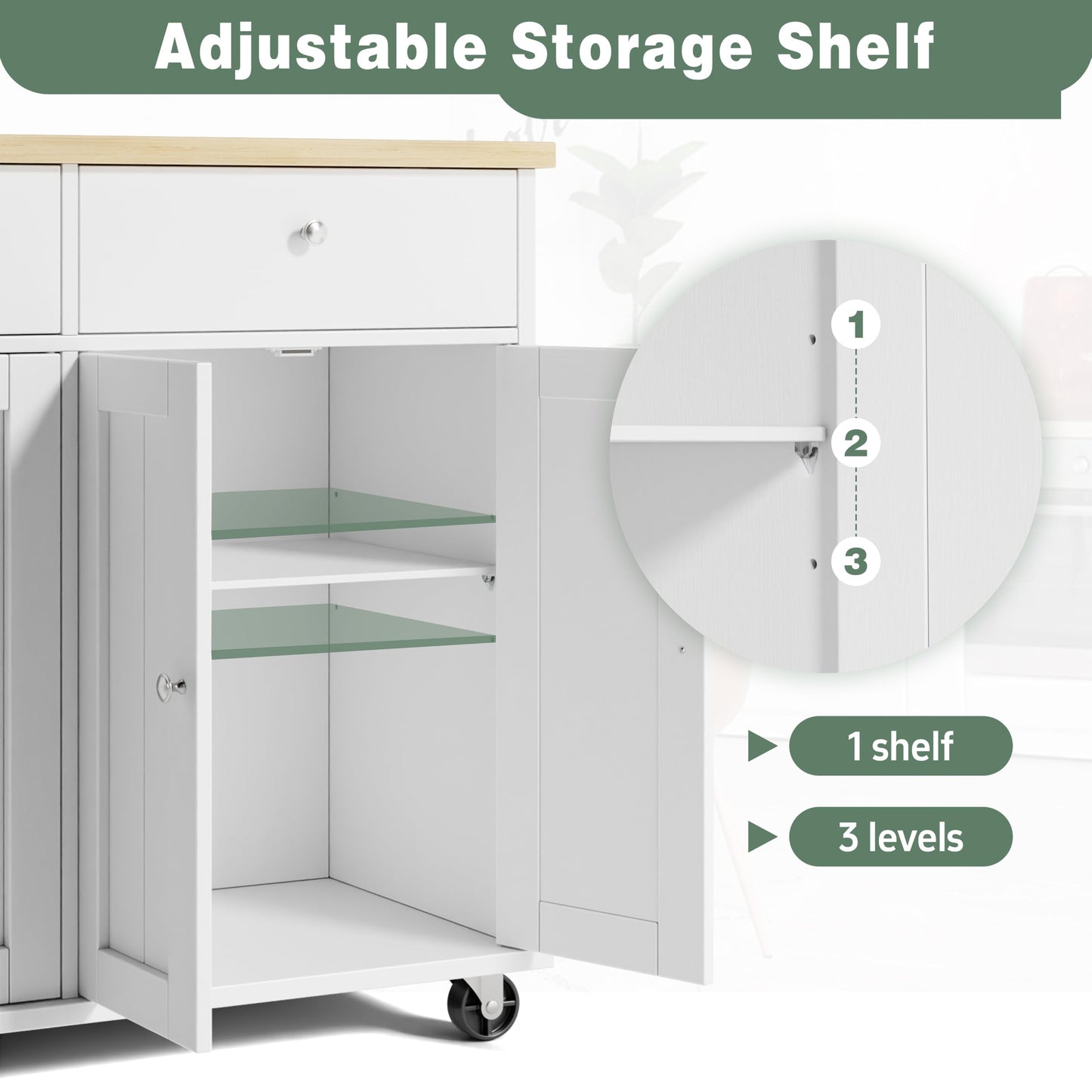 JY QAQA 39" Kitchen Island on Wheels with Storage Cabinet Kitchen Cart Cabinet with Shelves, Cart Handle for Towel Rack or Free Mobility, Portable Islands for Kitchen, White