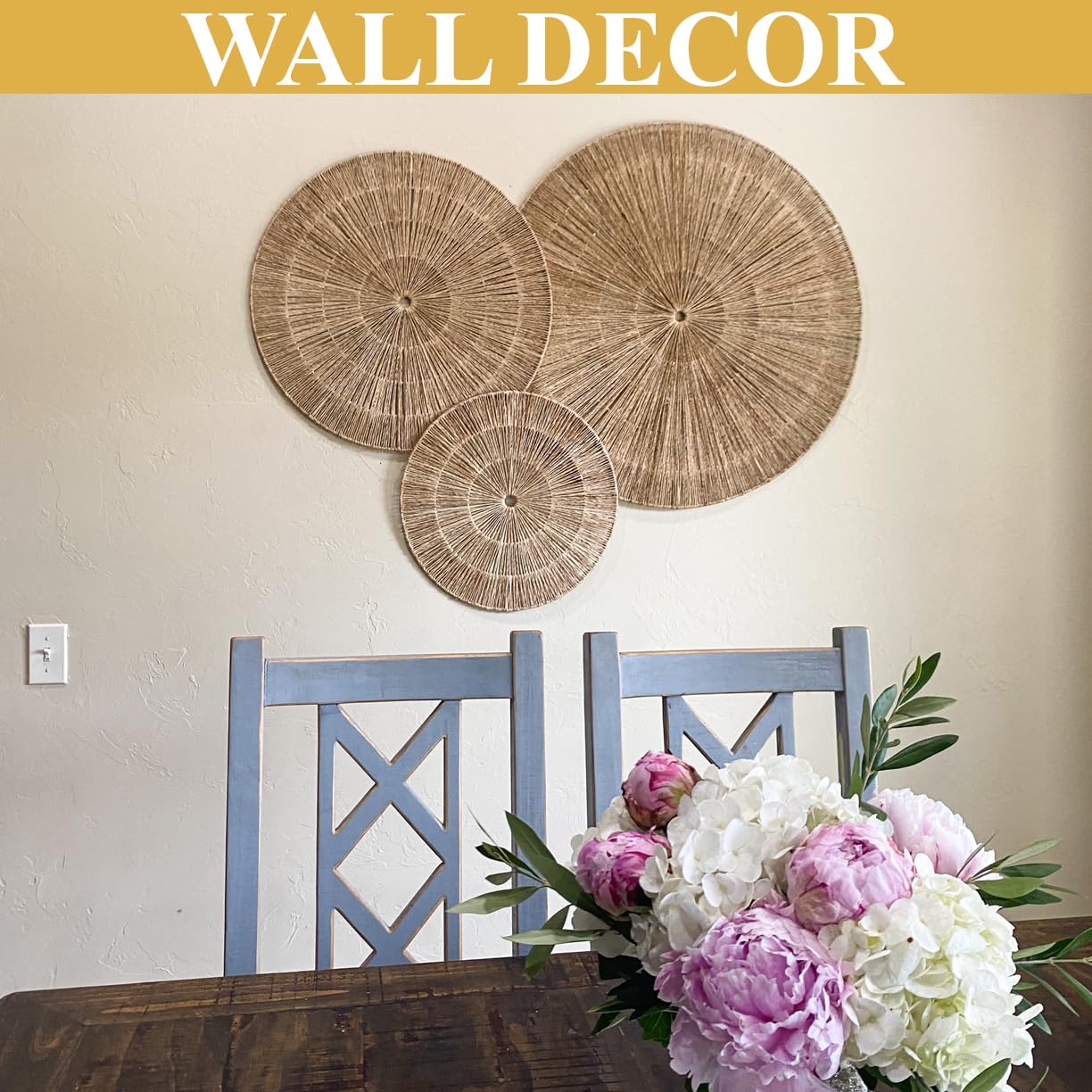 KOLWOVEN 29 Inch Wicker Wall Decor, Set of 3 Wall Basket Decor Diameter 29",23",18",Woven Wall Decor, Boho Above Bed for Bedroom, Living Room or Dining Room (Set 3)