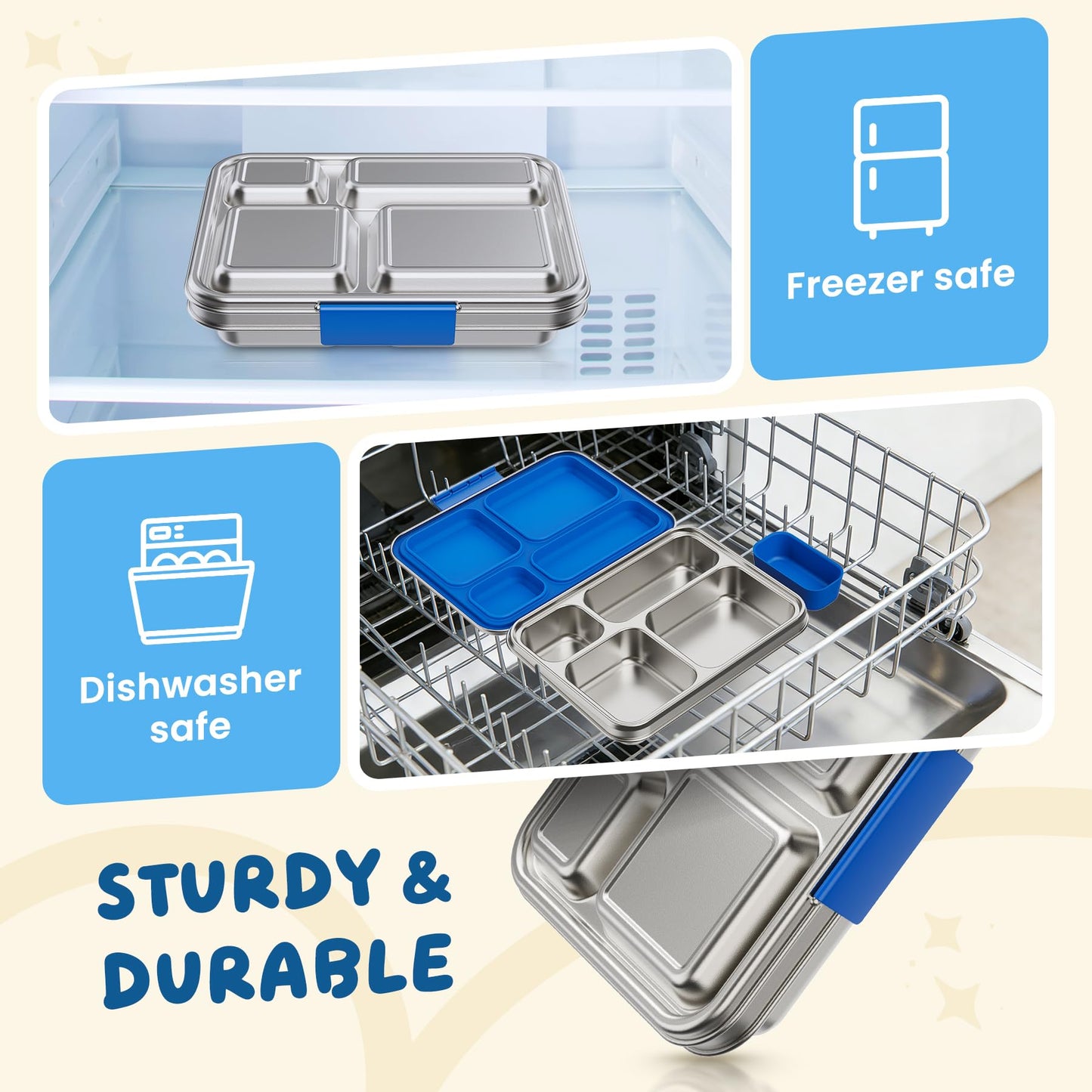 FAJSL Stainless Steel Bento Box, 4-Compartment Metal Lunch Box with Removable Silicone, Lunch Container for Kids & Adults with Silicone Inner Container, School, Office, Dishwasher Safe(Blue)