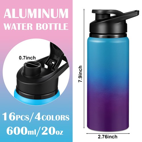 Mimorou 16 Pack Aluminum Water Bottles with Snap Lid Aluminum Reusable Sports Lightweight Leak Proof Water Bottles Bulk for Gym Hiking Cycling Sports Outdoor(20 oz)