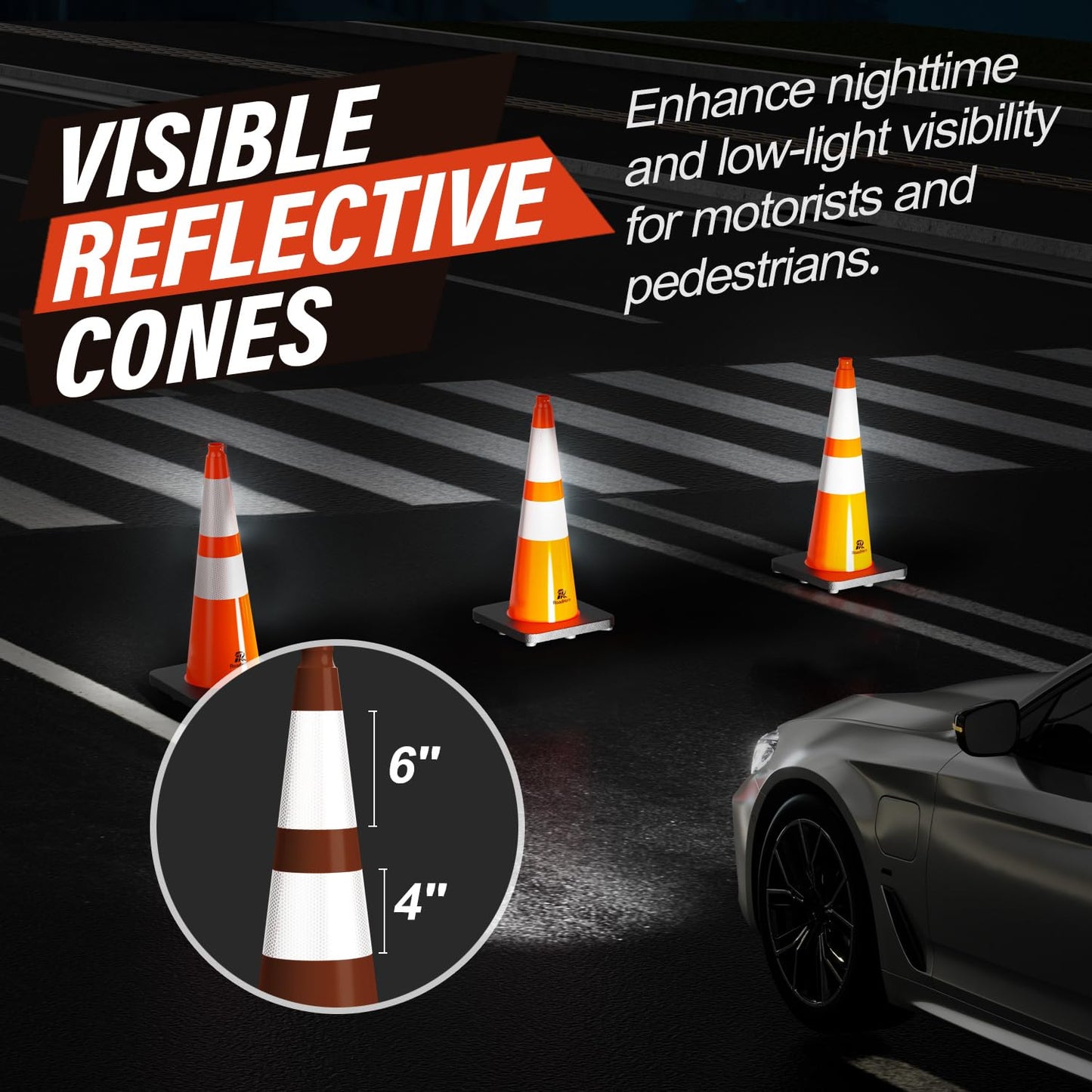 RoadHero 8 Pack 28 Inch 5.5 Lb Traffic Cones with Heavy Black Base, Orange Safety Cone with Reflective Collar for Parking Lot, Construction Work, Road Safety