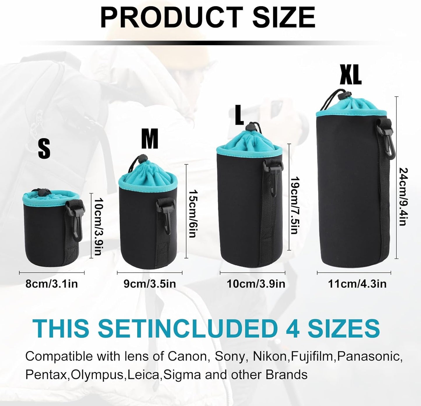 Sopoloray 4Pcs Bag,4 Set Camera Lens Case Sizes Blue Water Resistant Protective Lens Pouch With Adjustable Drawstring