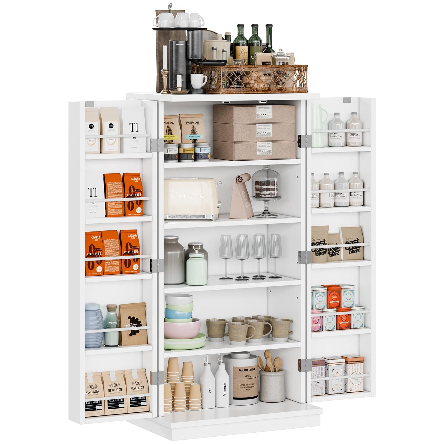 Shintenchi Kitchen Pantry Cabinet,5 - Layer Storage Cupboard with Adjustable Shelves for Organizing and Storing Food Items,47'' Versatile Buffet Sideboard for Kitchen, Bathroom and Laundry,White
