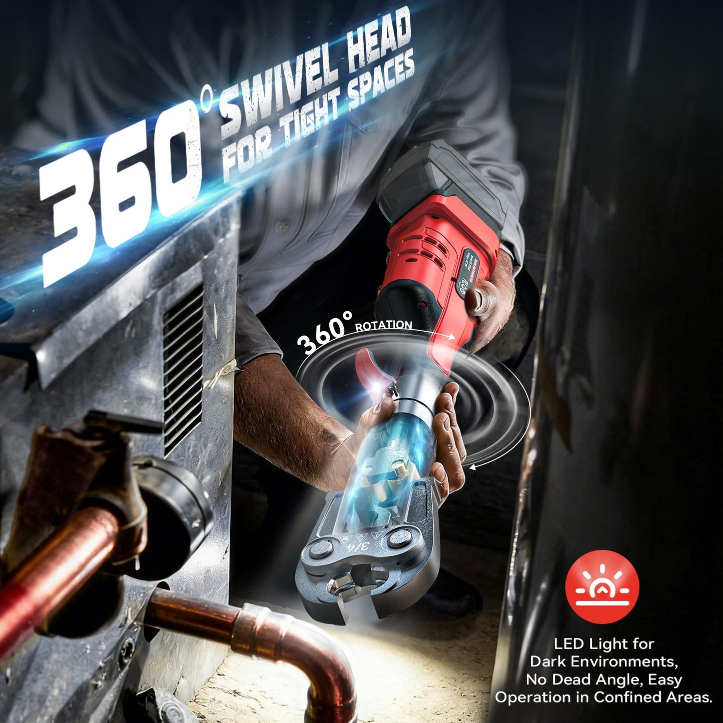 Ecarke Pro Press Tool Compatible with Milwaukee 18V battery, Electric Pipe Crimping Tool for 1/2" to 2" Copper Pipes,32KN of crimping force 360° Rotation Automatic Crimper Brushless Motor, Tool Only