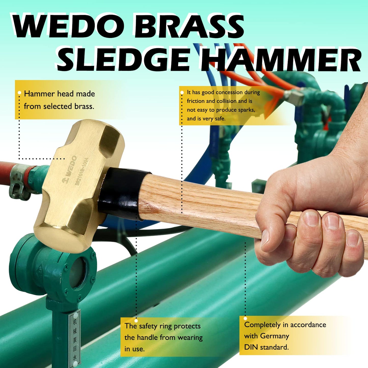 WEDO Brass Sledge Hammer with Wooden Handle, 5lb, 400mm, 16"