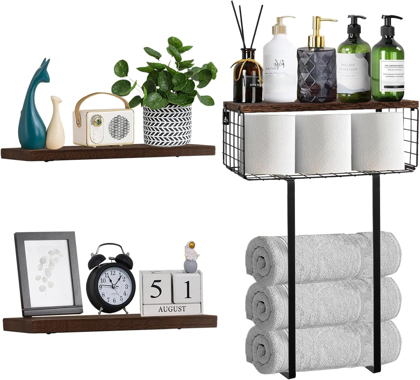 Regine Switzerland Floating Shelves - Wall Mounted Bathroom Organizer with Storage Basket & Towel Rack | Dark Brown, Set of 4, 16 in