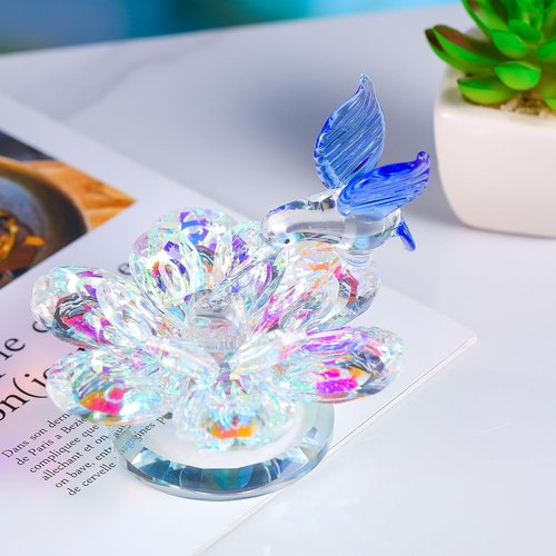 Movdyka Crystal Figurine - Blue Hummingbird Lotus Flower Decor | Elegant Glass Ornament for Home