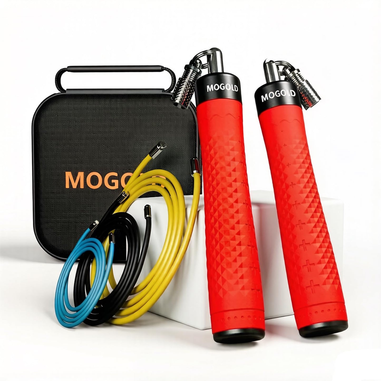 MOGOLD Jump Rope Weighted with 3pcs Heavy Ropes in 118in Long, Anti-Slip Handles with Quick Release, Carrying Case, Black (Red)
