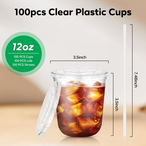 100PCS 12 oz Disposable Plastic Cups with Flat Lids and Clear Straws, Round Bottom To Go Iced Coffee Cups, Small Sturdy Drink Cups for Soda, Smoothies, Cold Beverage, Juice Bars, Takeout, Office