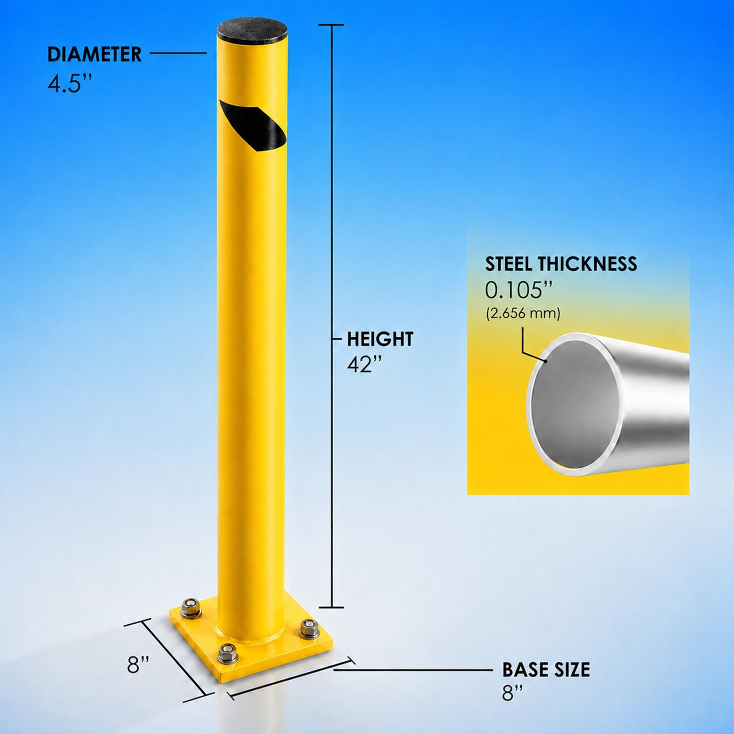 Trafford Industrial Yellow Powder-Coated Steel Safety Bollard, Heavy-Duty Bollard Post, Parking Barrier for Traffic Safety and Access Control, Hardware Included