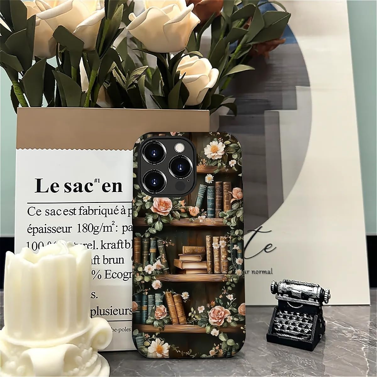 Akinmi 16 16 Case for iPhone Pro,Vintage Flowers Entwined Bookshelf Exquisitely Pattern Double Protective Phone Cover