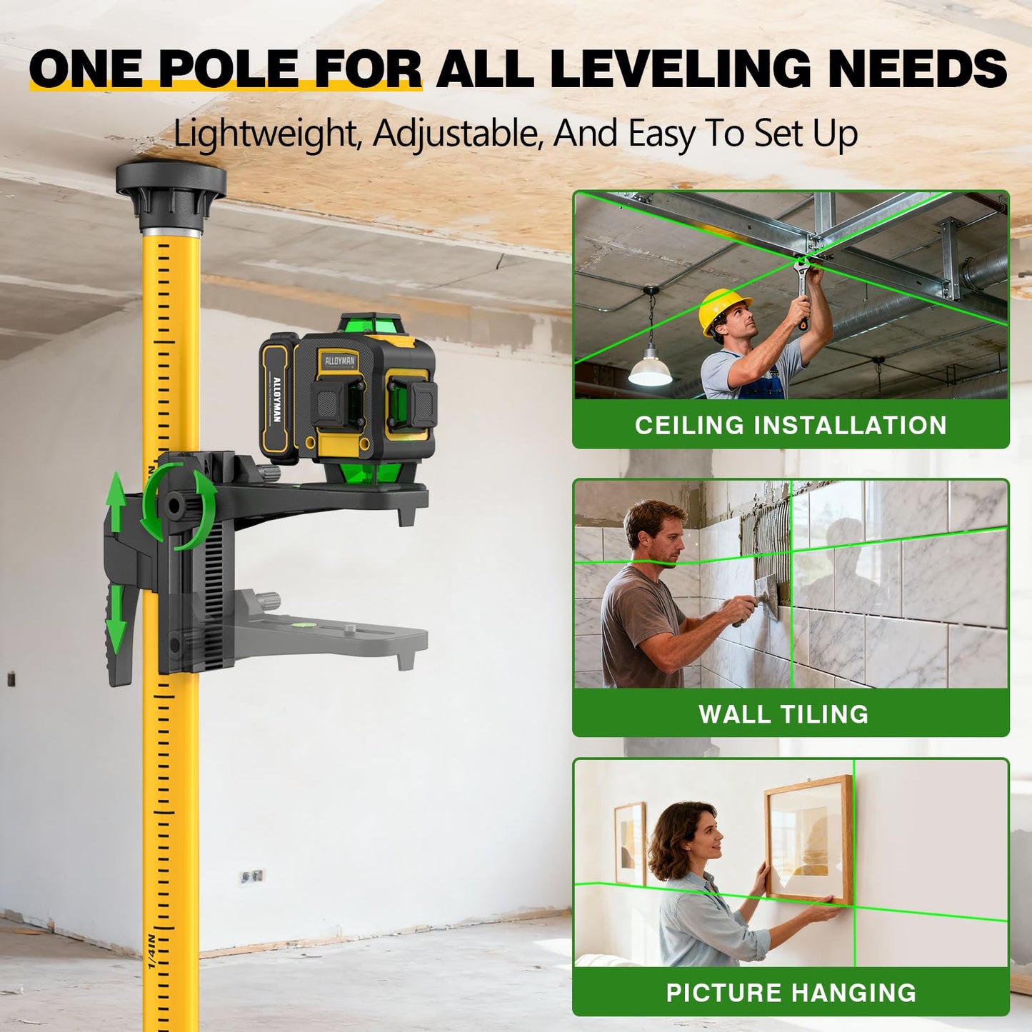 Alloyman 4x360°Self Leveling Laser Level, 12 Ft./3.7M Professional Laser Level Pole with Tripod, Green Line Lazer Leveler Tool with 2* Li-ion Batteries for Picture Hanging, Tile, Home Renovation