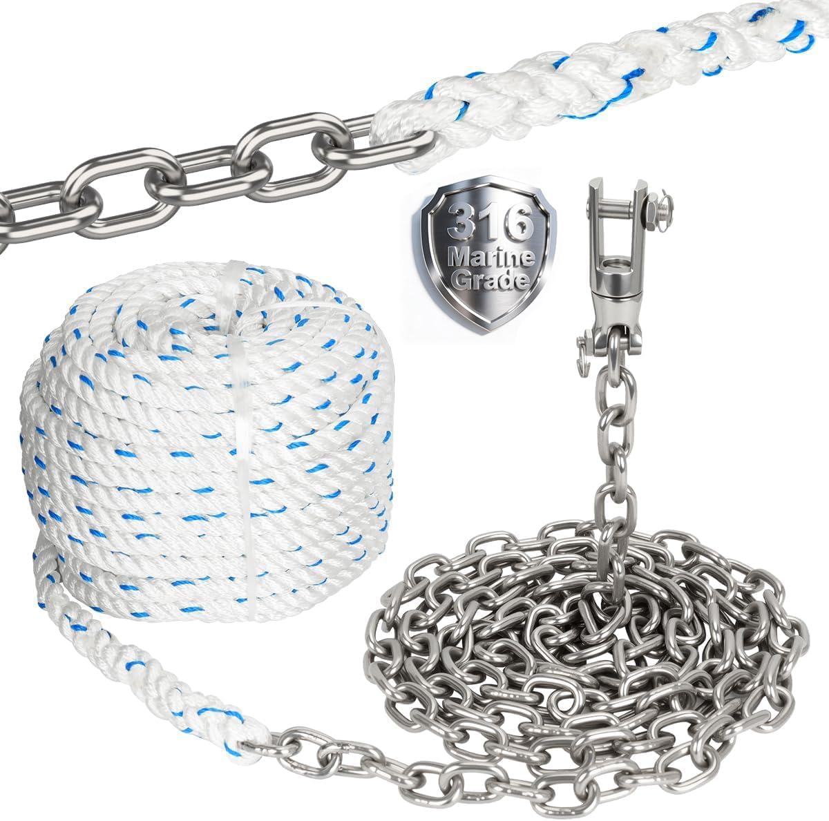 FUCNEN 1/2" Anchor Rope 200ft with 1/4" Anchor Chain 15ft and Swivel Connector Windlass Anchor Rode 316 Stainless Steel Short-Link Marine Chain with 3-Strand Nylon Rope