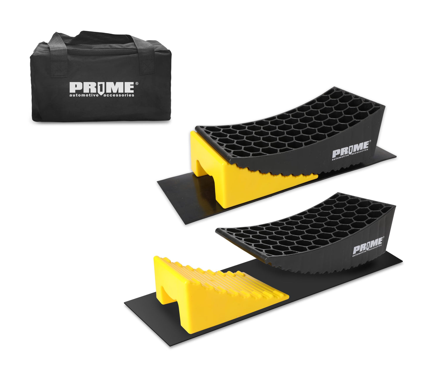 PR1ME RV Leveling Blocks, Heavy Duty Camper Leveler Kit, 2 Pack Curved RV Levelers with Anti-Slip Mats & Wheel Chocks, Faster Leveling System for Travel Trailer, Motorhome & Dual Axles
