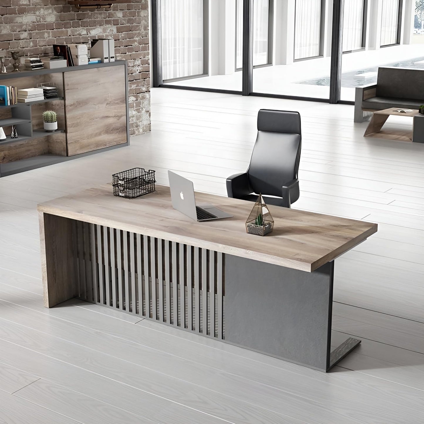 63 Inch Modern Executive Office Desk, Computer Writing Desk for Home Office, Business Furniture Workstation Stainless Steels Sturdy Frame 1.97IN Thick Desktop(Right, 63×31.5×30 in)