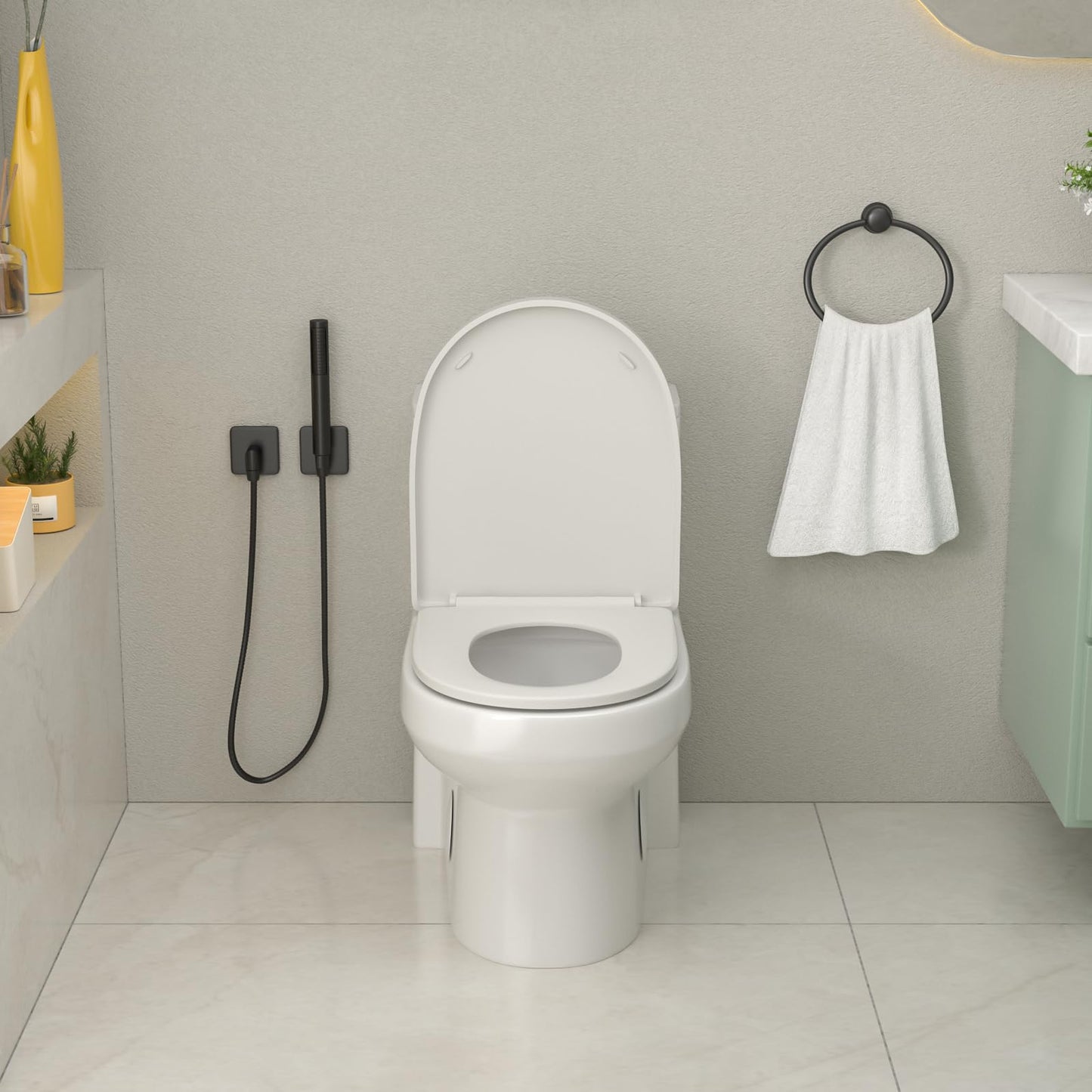 Yurshen 15.7" Elongated One Piece Toilet Compact for Small Bathroom Dual Flush 1.1/1.6 GPF, 12" Rough-in High Efficiency Flush, Standard White Bowl Ceramic- 24.7"D x 13.5"W x 28.2"H