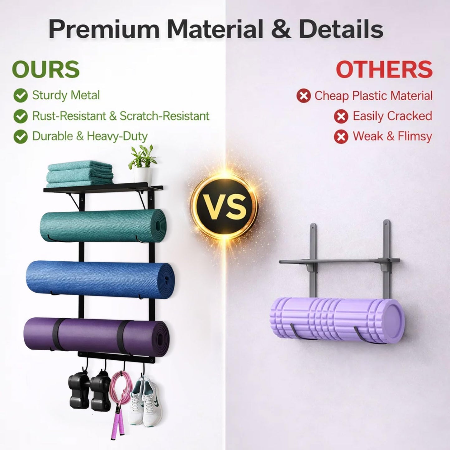 Avoirdus Yoga Mat Holder Wall Mount, Wall Mounted Yoga Mat Storage Rack with Shelf & Hooks, Home Gym Yoga Accessory Organizer for Mats, Foam Roller, Bands & Workout Equipment