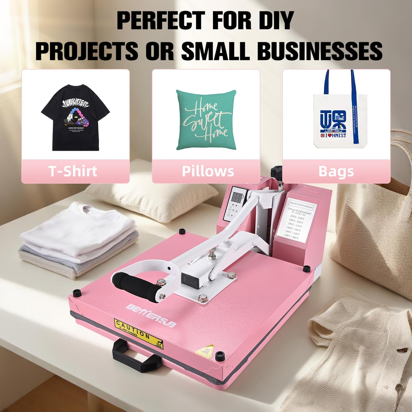 BetterSub Industrial 15"x15" Clamshell Heat Press Machine for T-Shirts, Sublimation, Vinyl & HTV - Digital Control, Non-Stick Teflon Plate, Safety Features for DIY/Home/Business (Pink)