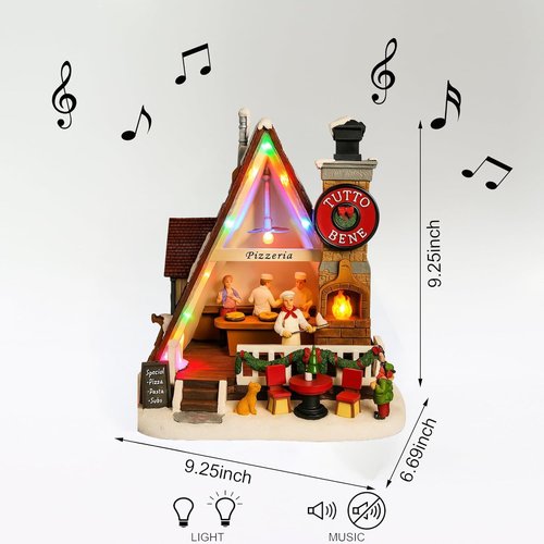 Moments In Time Pizza Shop Scene - Handcrafted LED Musical Pizzeria Holiday Decoration | Battery Operated Tabletop Display