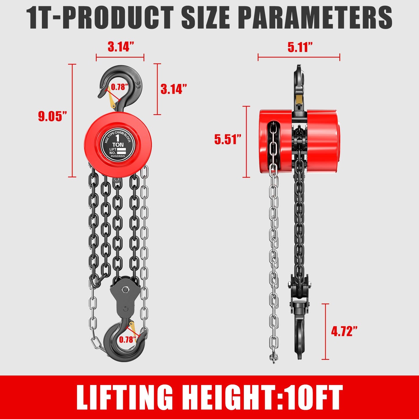 HUGOASIS Hand Chain Hoist 1Ton 2200lbs Capacity 10ft Lift,G80 Galvanized Steel Manual Chain Fall with 2 Heavy Duty Hooks for Warehouse Automotive Building,Red
