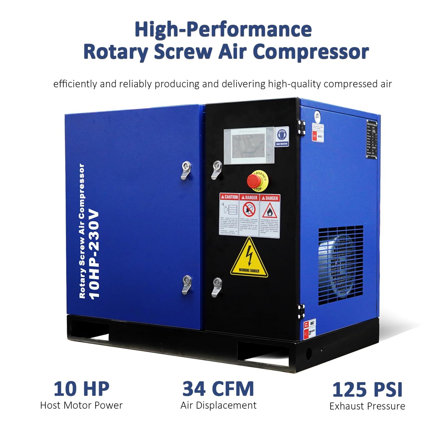 10HP Rotary Screw Air Compressor, 34CFM, 125PSI, 230V 3PHASE 60HZ, Fixed Speed Compressor, Industrial-Grade, Heavy Duty Air Compressed System