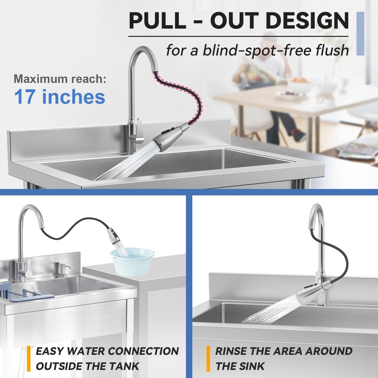 PurezmMoto 28" Commercial Stainless Steel Utility Sink, Single Bowl Freestanding Kitchen Sink with Hot & Cold Water Faucet, Drain Kit & Hoses for Restaurant, Laundry Room, Garage