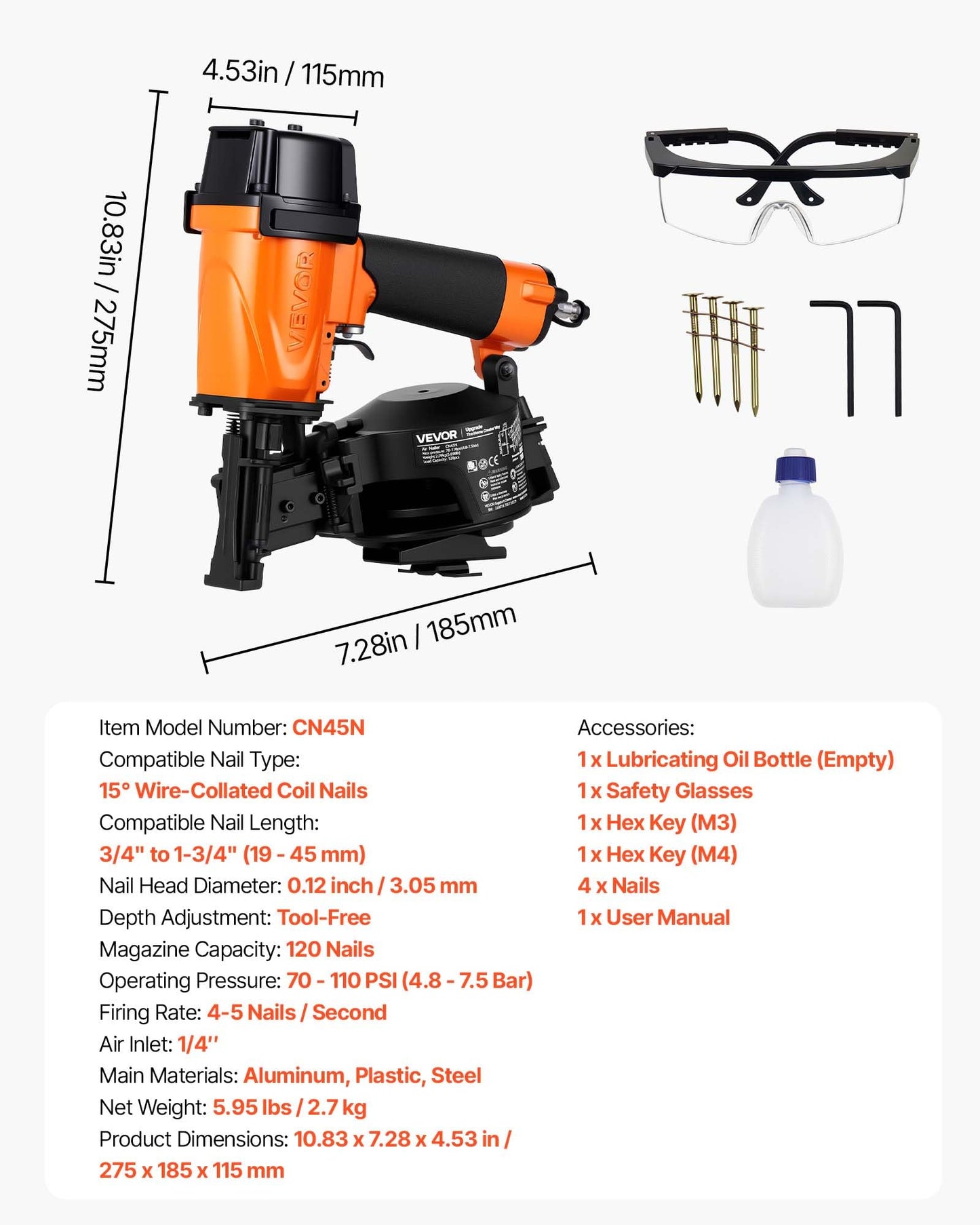 VEVOR Professional Roofing Nailer CN45N, 3/4" to 1-3/4" 15 Degree Air Roofing Nail Gun, 4–5 Nails/S Ultra-Fast Nailing, 70-110 PSI Pneumatic Coil Nailer for Asphalt Shingles, Roof Sheathing