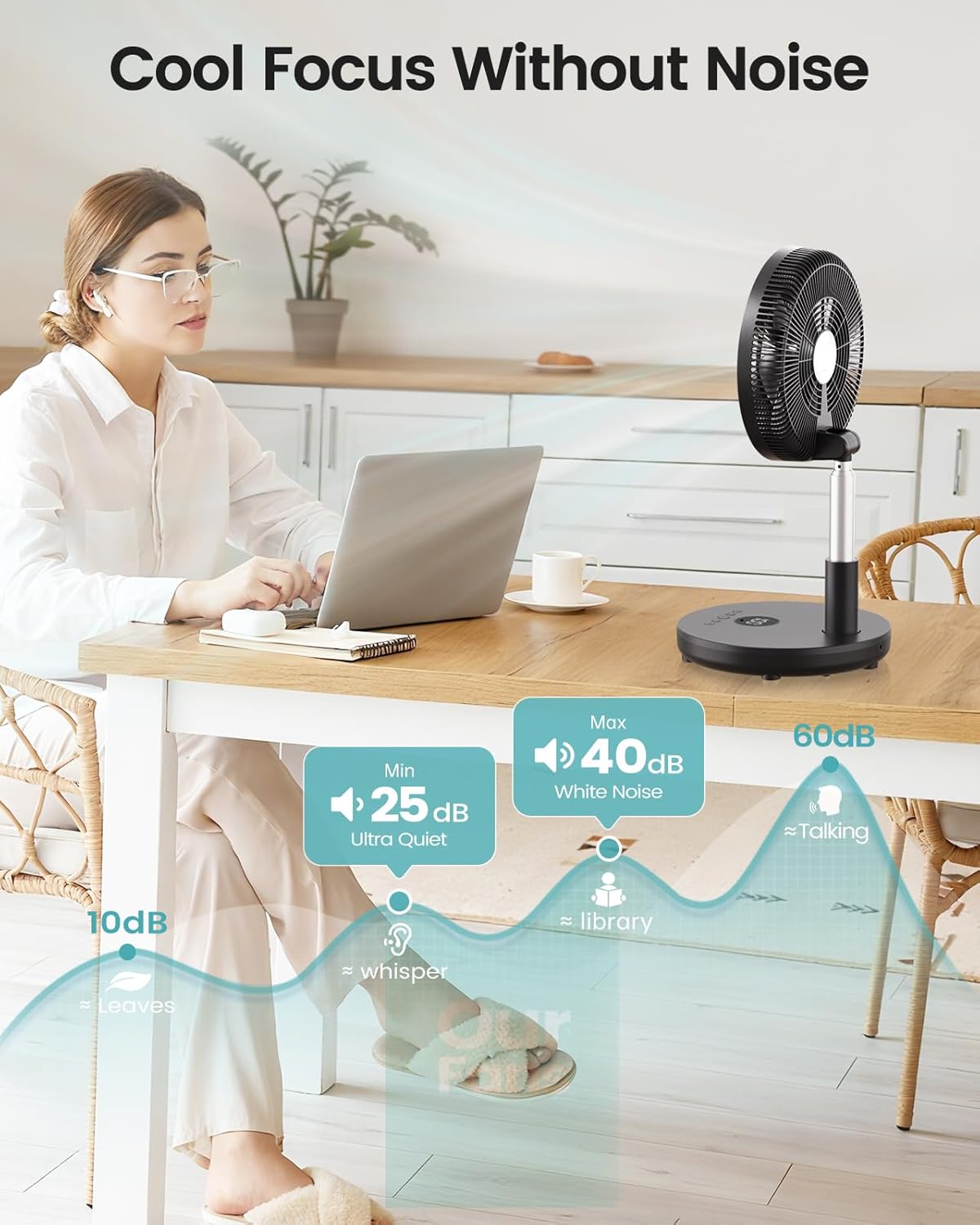 TriPole 12" Portable Rechargeable Standing Fan - Foldable Design, Remote Control, 6 Speeds, Adjustable Height, Black