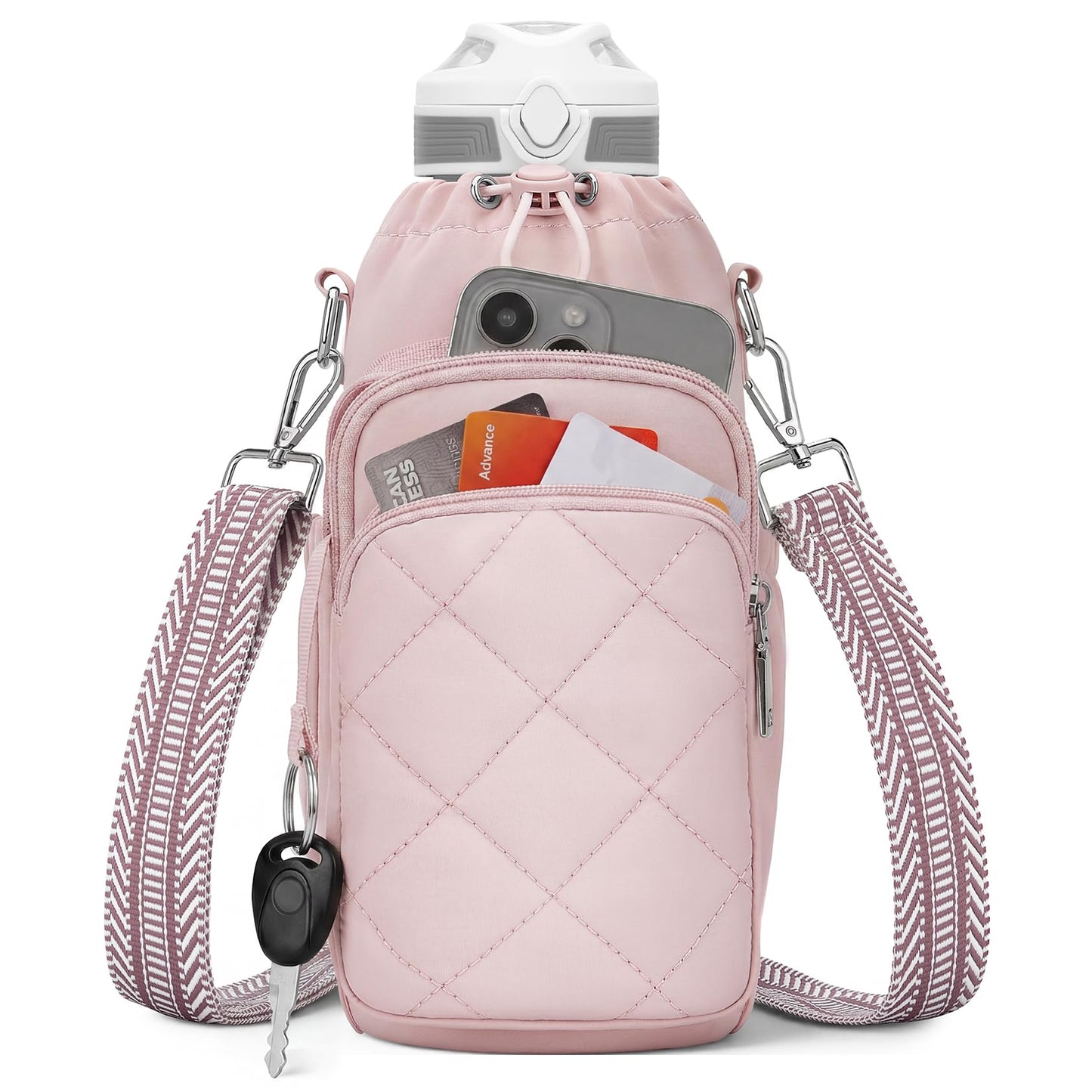SYTRAH Water Bottle Bag Crossbody，Insulated Water Bottle Purse Crossbody Water Bottle Holder with Strap 40 oz, Sling Bag for Walking Hiking, Pink