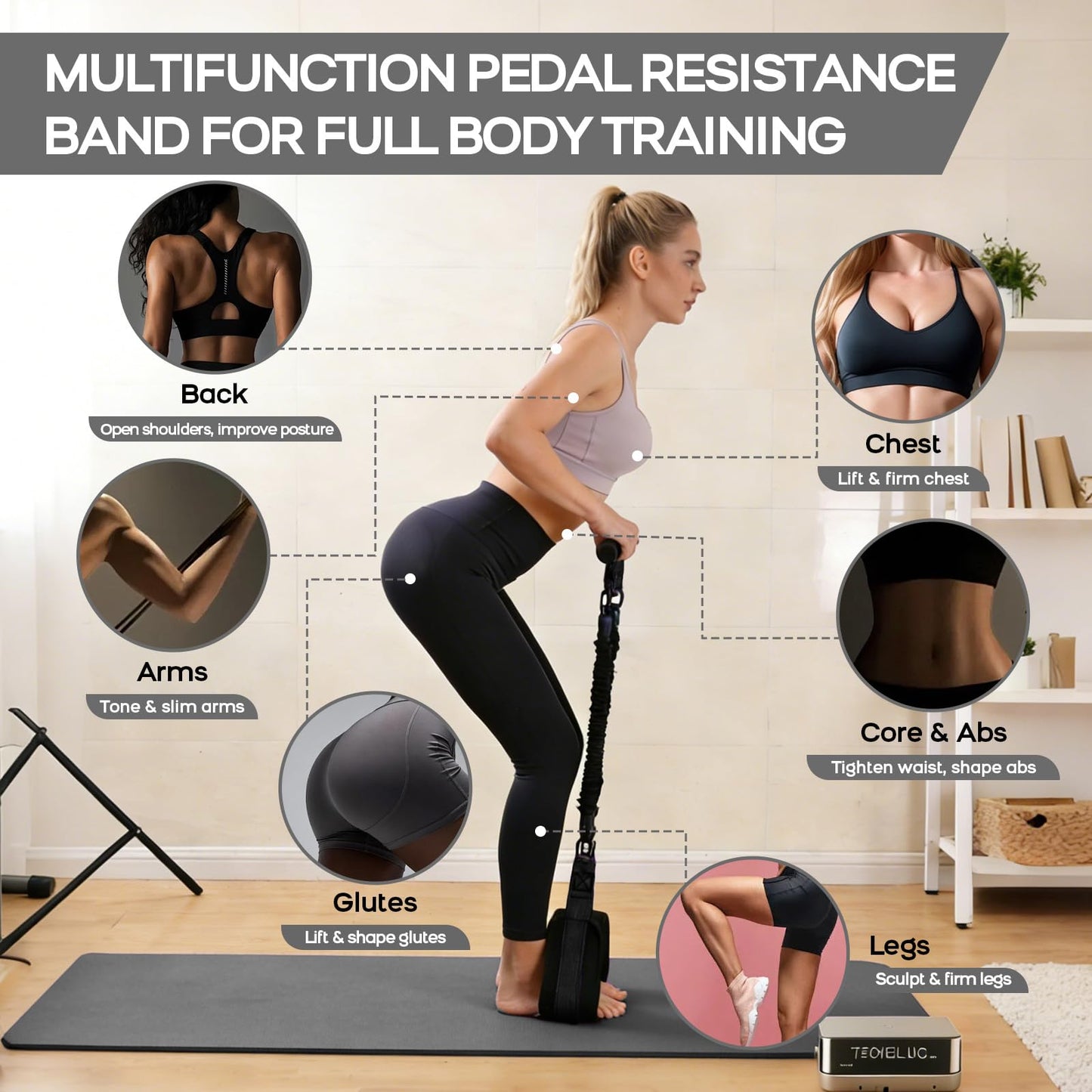 Multifunction Pedal Resistance Band with Handle, 3 Tube Adjustable 30/40/50LB Foot Pedal Puller Resistance Bands with Poster, Extended Length Tension Rope for Men Women Full Body Workout Home Gym