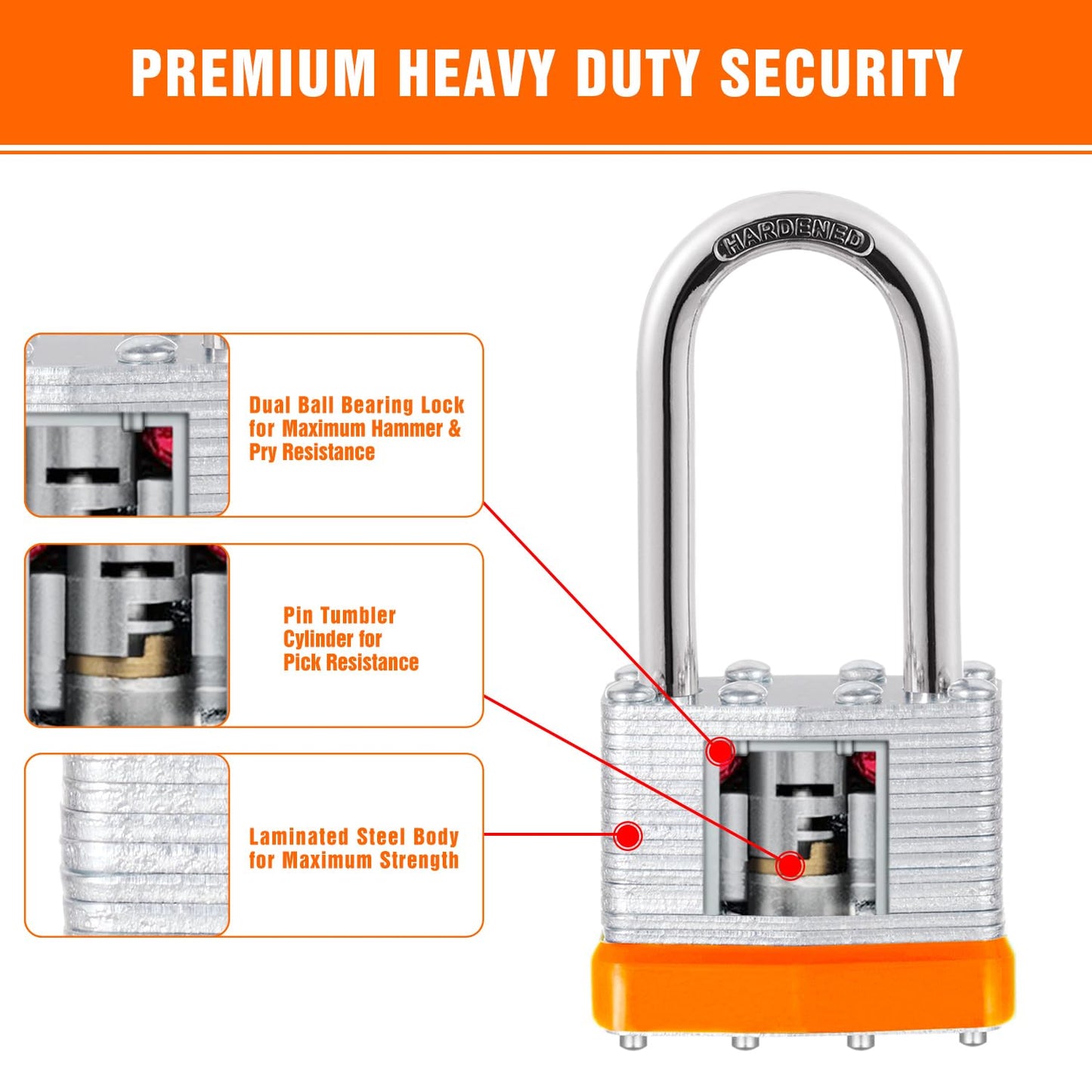 6Pcs Padlocks with Same Keys,Laminated Steel Orange Silver(1-9/16",40mm),Long Shackle for Sheds,Gates,Fences,Toolbox,Outdoor and Indoor Use
