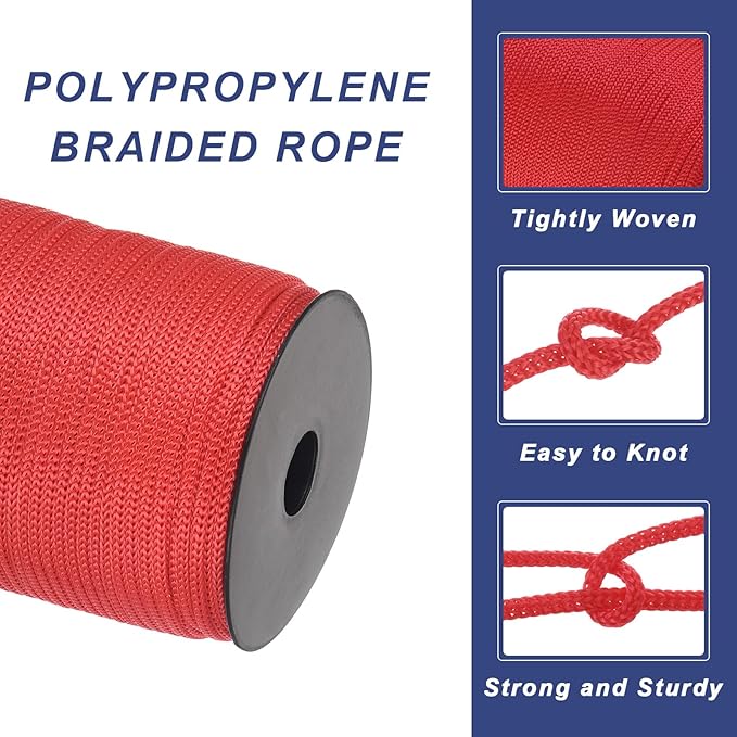MECCANIXITY 3/16" Polypropylene Rope Braided Ropes, 328ft Camping Rope Hollow Utility Cord for Clothesline, Hiking, Outdoor, Red
