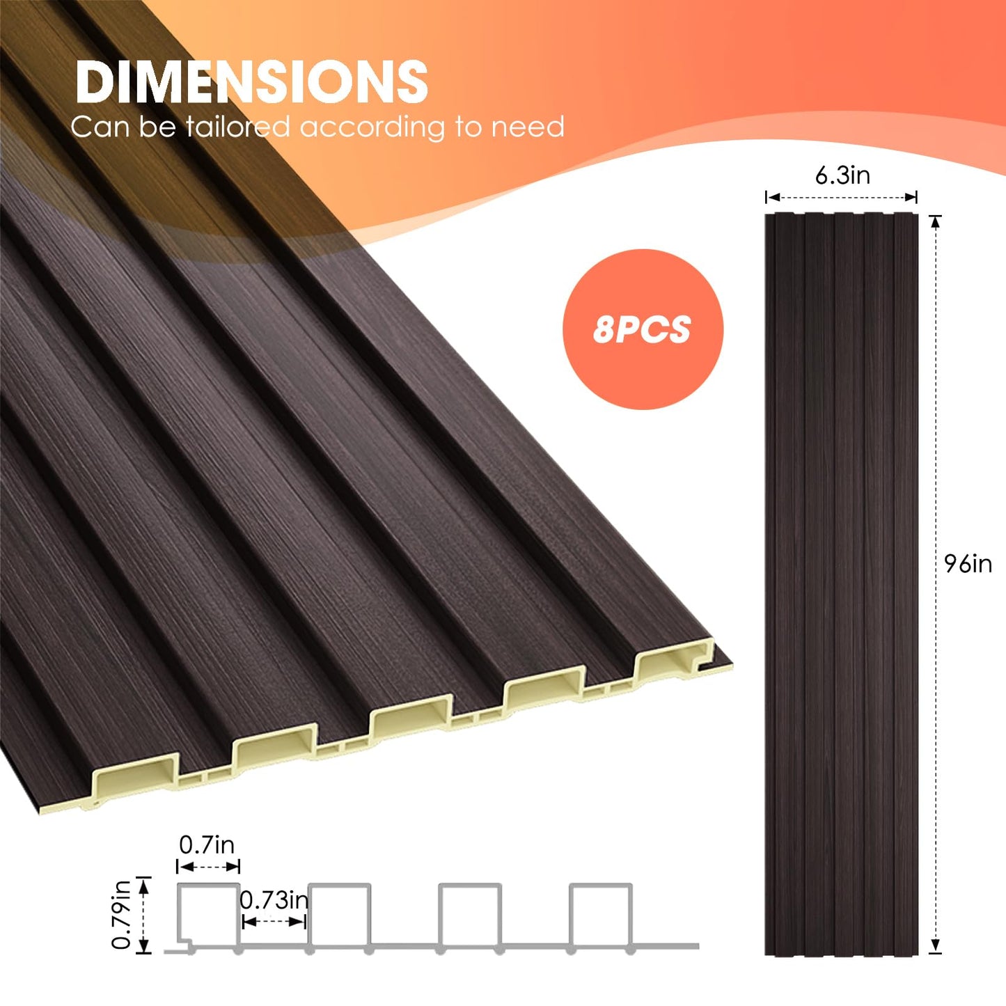 OUZUGIE WPC Acoustic Slat Wall Paneling, 8-Pack 96 x 6 Inches 3D Wall Panels for Interior Wall Decor,Living Room,TV Background,Study Room,Office Spaces,Bedroom,Low Grille (Walnut)