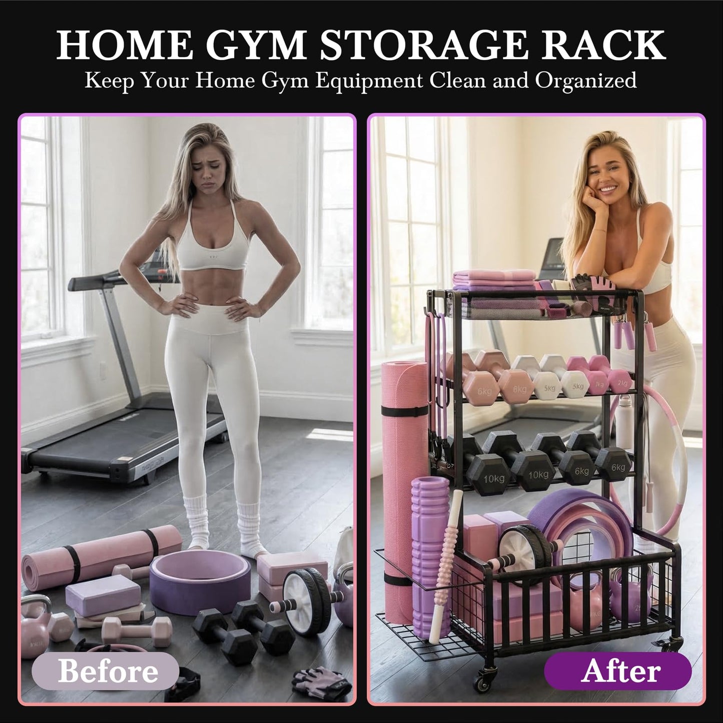 Dumbbell Rack, Home Gym Storage Rack, Adjustable Weight Rack Organizer with Wheels & Hooks, Heavy Duty Gym Equipment Storage, Workout Storage Organizer for Garage Gym