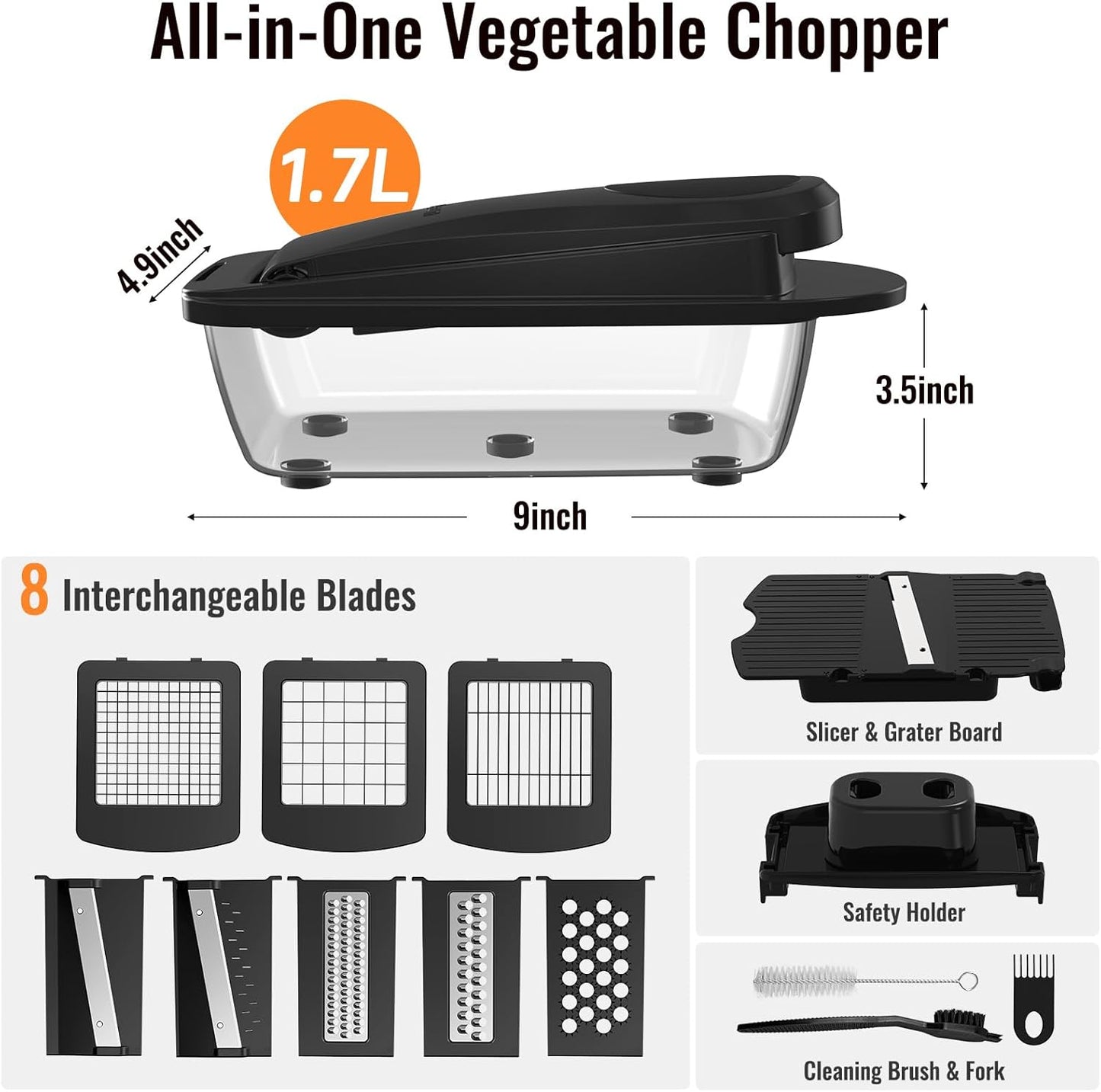 Skiennix 8-Blade Vegetable Chopper - All-in-One Mandoline Slicer with Container | Black Kitchen Gadget