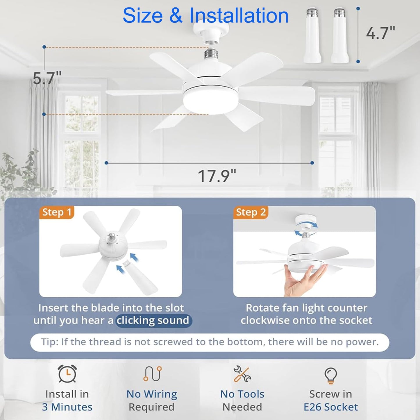 Socket Fan LED Ceiling Lights,18inch APP Control E26 Fans Bulb with Remote & Dimmable LED Ceiling Fan Lights,3Color 3000K-6500K,1800LM Fan Light Bulb Screw in Ceiling (White-2Pack)